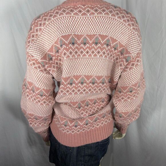 Vintage Gina Peters Knit Cardigan Sweater Pink Fair Isle Geometric Knit Made in - Picture 7 of 16
